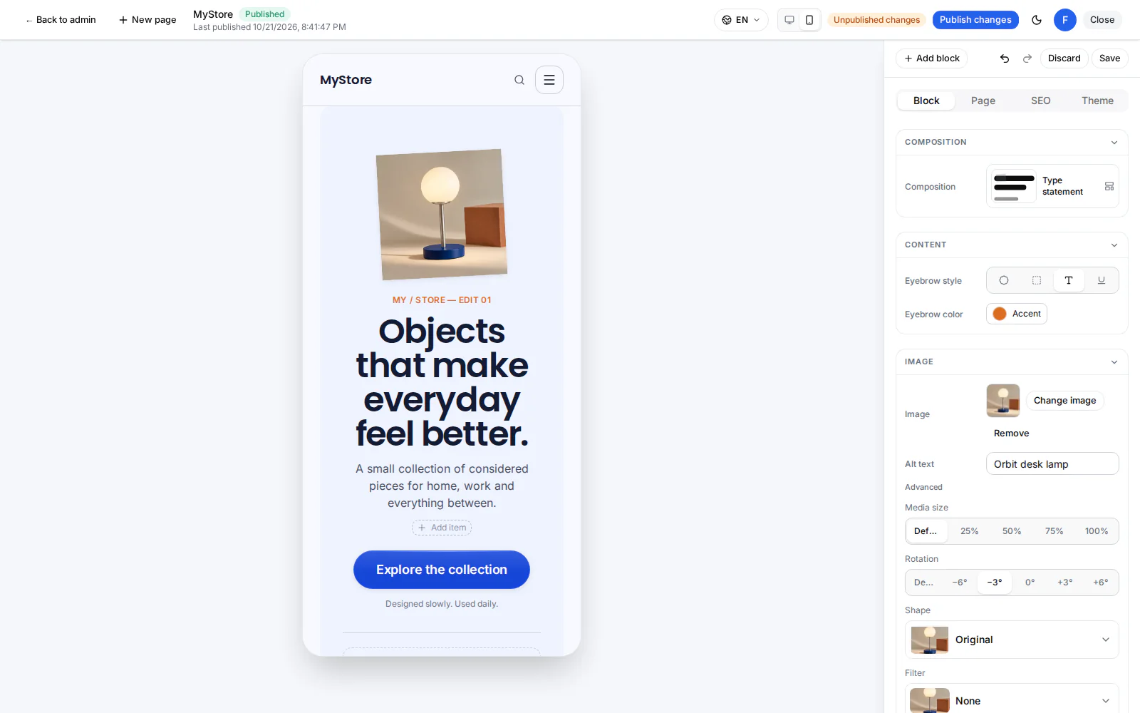 The MyStore homepage shown in Solwito's mobile page preview while editing.